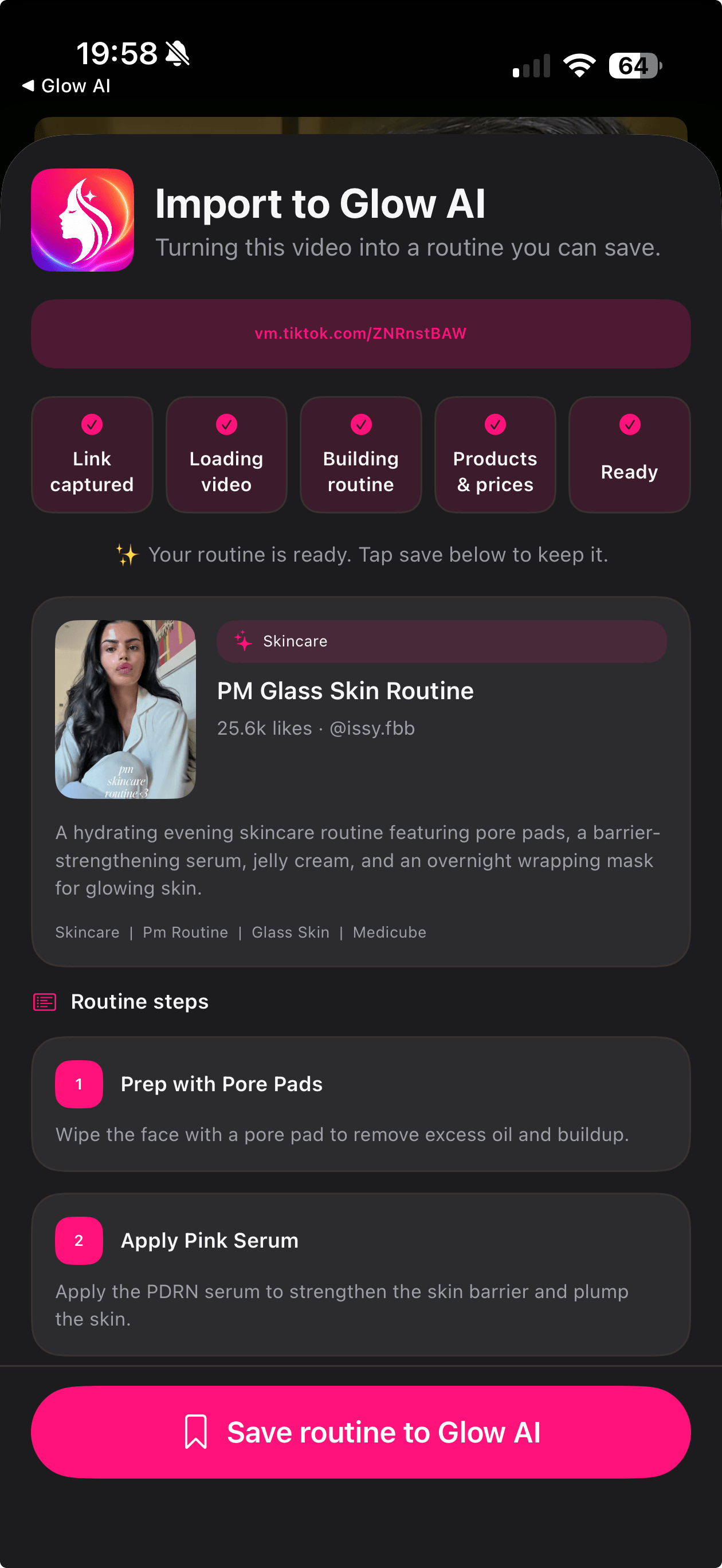 Glow AI importing a shared beauty video